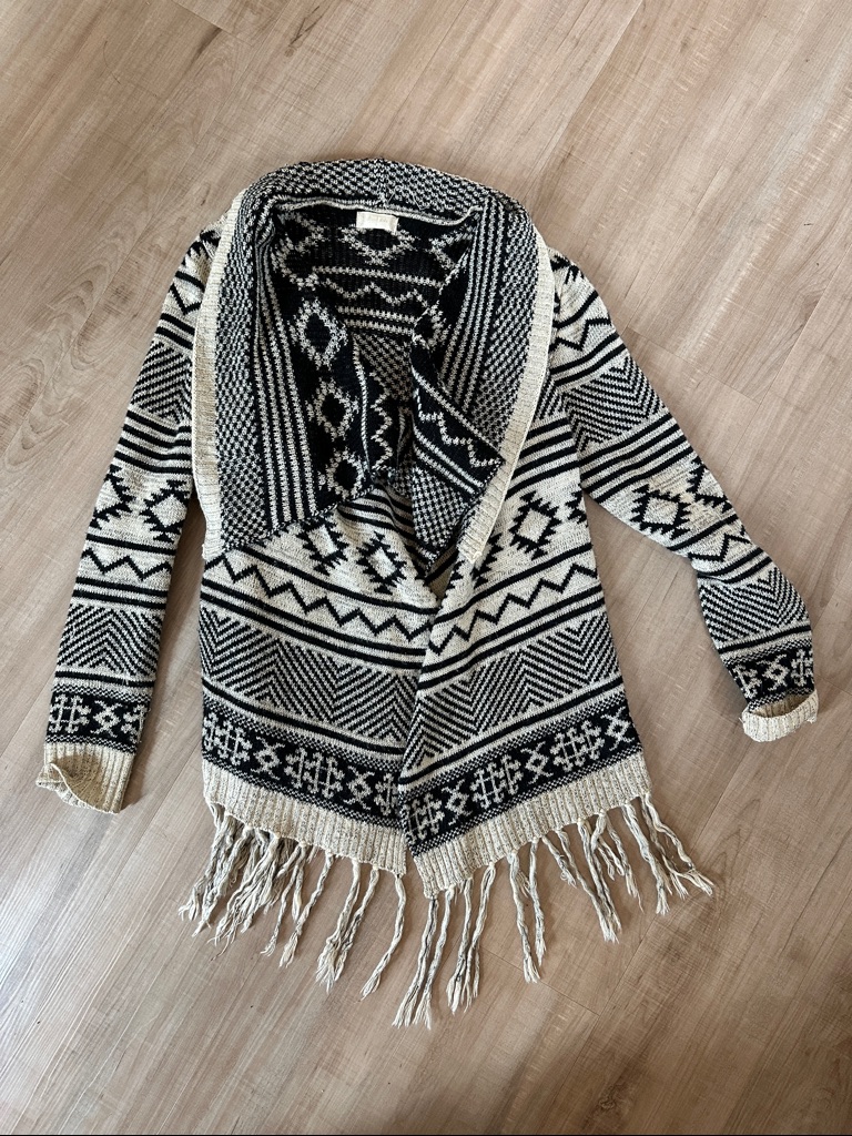Altar'd State Black & Cream Geometric Fringe Open Cardigan